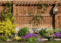 A well-maintained wooden fence in a lush backyard, surrounded by vibrant purple flowers and green bushes, with a charming birdhouse.
