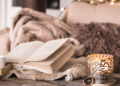 Cosy winter setting with cups, books, candles, and blankets for a warm and inviting home atmosphere