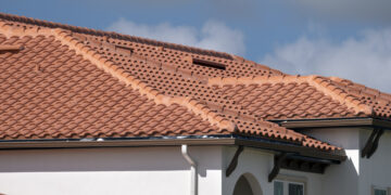 Close-up of ceramic tiled roofs on a sunny day, showcasing a traditional UK roofing style