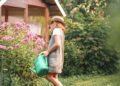 Woman watering flowers in a tidy, blooming garden on a sunny day, with no wasps in sight.