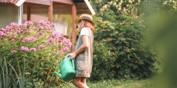Woman watering flowers in a tidy, blooming garden on a sunny day, with no wasps in sight.