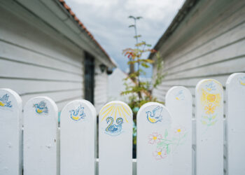 White fence with hand-painted birds, flowers, and sun between two buildings.