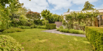 Tidy garden with trimmed hedges and neat lawn under a bright August sky.