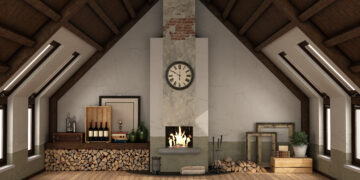 Cosy renovated attic with wooden beams, fireplace, and vintage decor