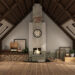 Cosy renovated attic with wooden beams, fireplace, and vintage decor