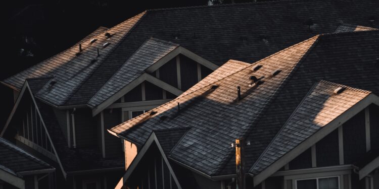 Row of modern tiled rooftops in sunlight, showing possible summer wear and tear
