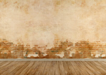 Close-up of an interior wall with severe damp patches and peeling plaster revealing brickwork, illustrating common household damp problems.