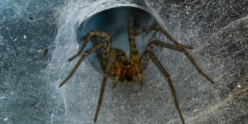 A spider sitting in the corner of a living room during autumn in the UK.
