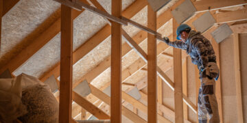 A UK loft with newly installed insulation rolls between wooden joists, helping to keep the home warm and reduce winter heating bills.
