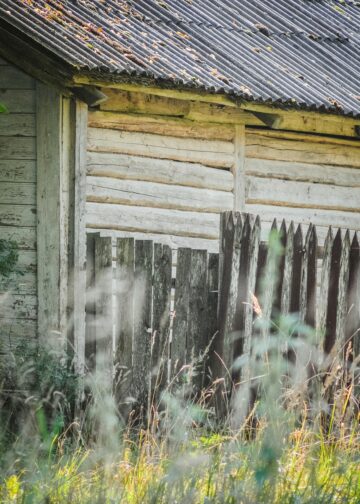 A well-maintained wooden fence and garden shed secured before a storm, surrounded by tidy greenery under a cloudy UK sky.