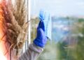 A UK home’s large windows being cleaned professionally, showing clear glass and sunlight streaming into a bright, well-maintained interior.