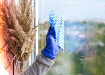 A UK home’s large windows being cleaned professionally, showing clear glass and sunlight streaming into a bright, well-maintained interior.