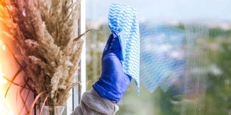 A UK home’s large windows being cleaned professionally, showing clear glass and sunlight streaming into a bright, well-maintained interior.