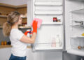 Person cleaning the inside of a refrigerator during winter, wiping shelves and organising food for hygiene and freshness.