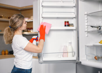 Person cleaning the inside of a refrigerator during winter, wiping shelves and organising food for hygiene and freshness.
