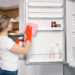 Person cleaning the inside of a refrigerator during winter, wiping shelves and organising food for hygiene and freshness.