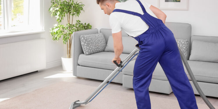 Professional carpet cleaner using a vacuum extraction machine to deep clean a light-coloured living room carpet beside a grey sofa and indoor plant.