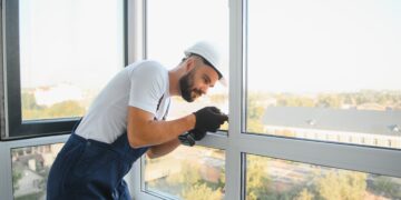 Damaged double-glazed window with visible condensation between panes and worn window frame