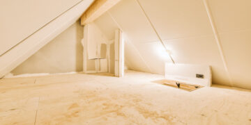 Unboarded loft space with exposed joists and insulation, showing limited usable storage area