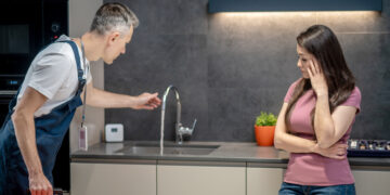 Emergency plumber inspecting leaking kitchen tap while concerned homeowner looks on in modern UK kitchen