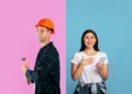 Split image showing a man in a hard hat holding a hammer on one side and a smiling woman holding a smartphone on the other.