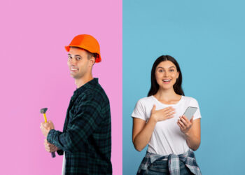Split image showing a man in a hard hat holding a hammer on one side and a smiling woman holding a smartphone on the other.