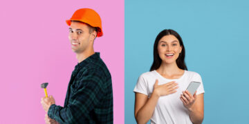 Split image showing a man in a hard hat holding a hammer on one side and a smiling woman holding a smartphone on the other.