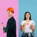 Split image showing a man in a hard hat holding a hammer on one side and a smiling woman holding a smartphone on the other.