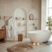 Elegant modern bathroom featuring a freestanding bathtub, wooden vanity unit, soft neutral décor, and natural light streaming through large windows.