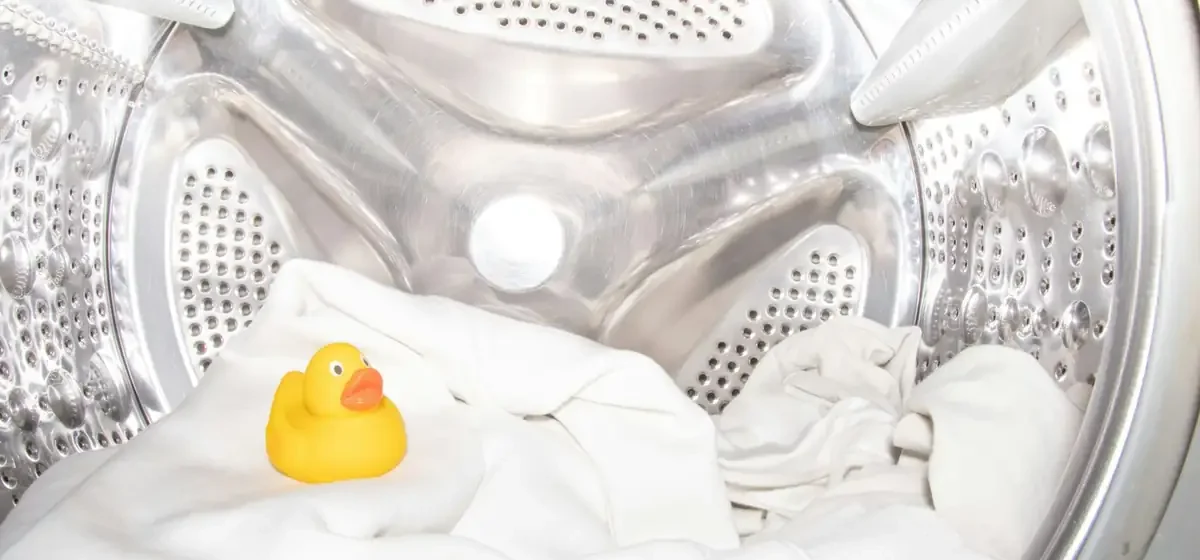 Rubber duck toy inside an open washing machine drum
