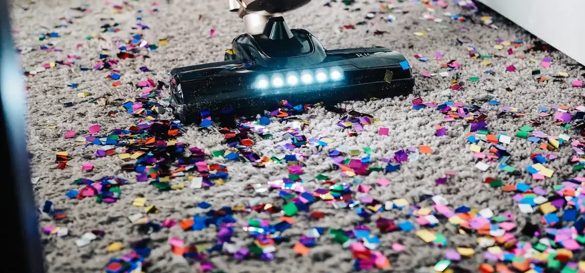 Person vacuuming a carpet in a living room
