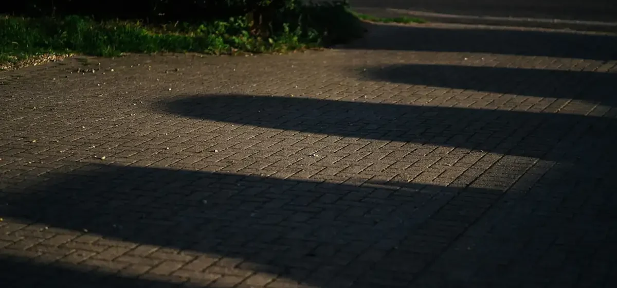 Long shadows across a grey paved driveway beside a road