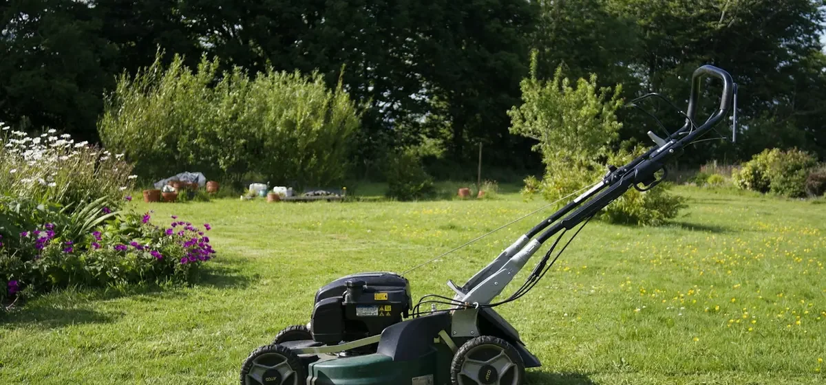 Lawnmower standing on a freshly cut green lawn