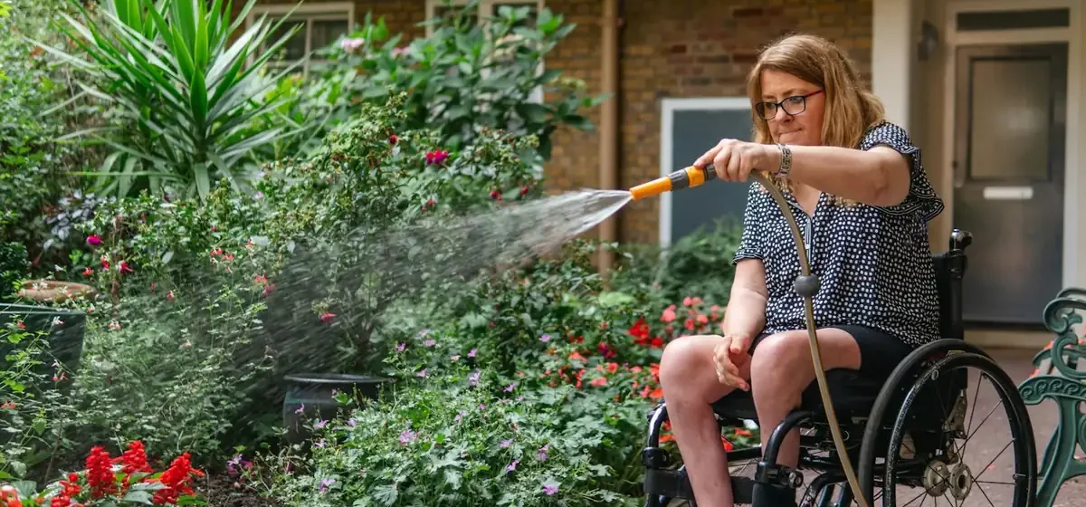 Woman in a wheelchair watering a flower border with a hose