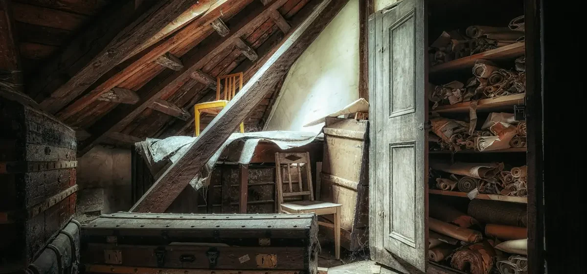 Loft space under sloping roof with old bed and chest of drawers
