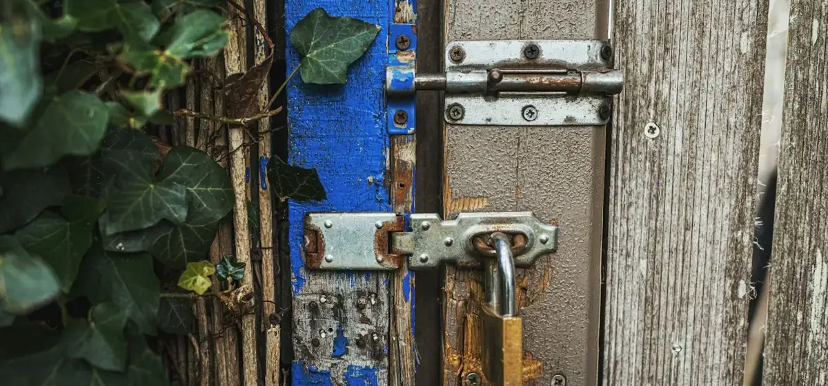 Old wooden garden gate with rusty locks and ivy