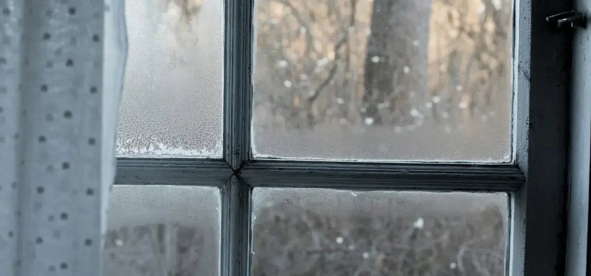Condensation misting the panes of an old window