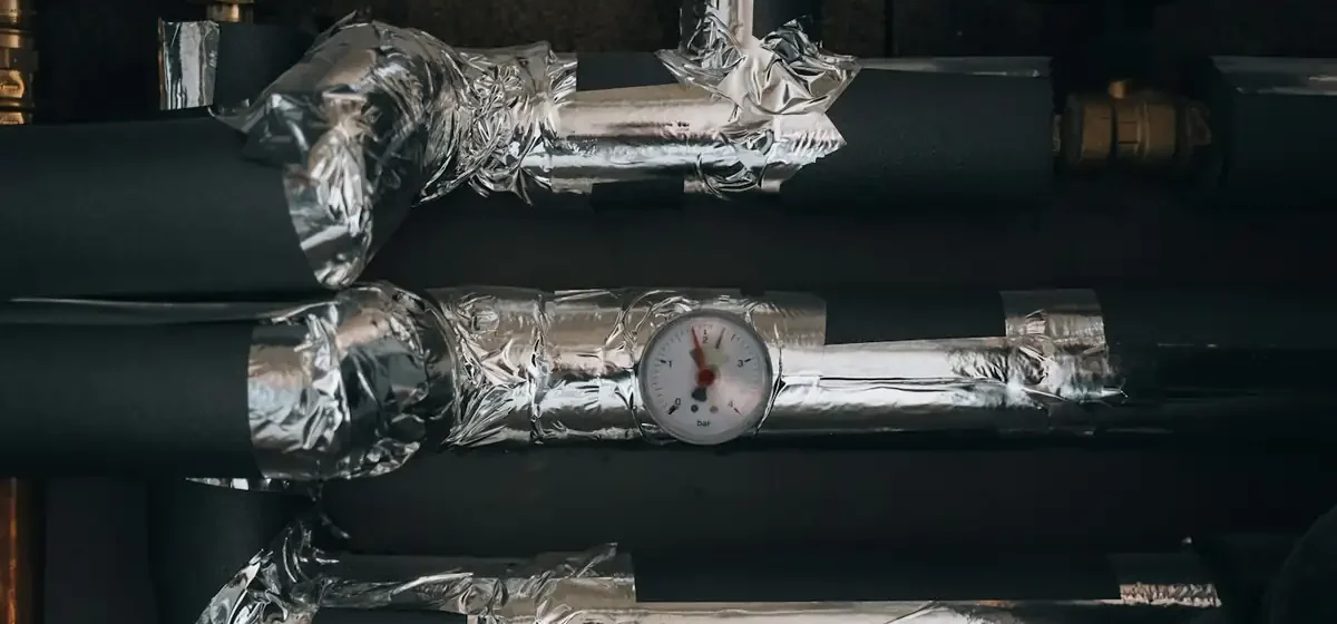 Insulated heating pipes and a pressure gauge on a wall